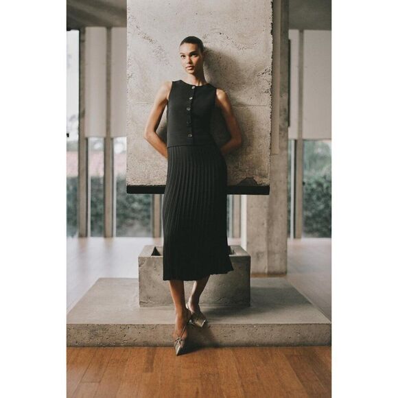 Zara Womens Midi Dress S Black Pleated Combination Sleeveless 8741/040 NWT - Picture 1 of 16